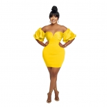 Yellow Women's Bubble Sleeve Pleated Backless Short Dancing Mini Dress