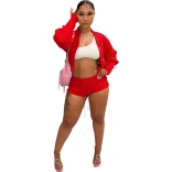 Red Fashion Knitted Hand Hook Polo Cardigan Shorts Long Sleeve Drawstring Casual Set for Women