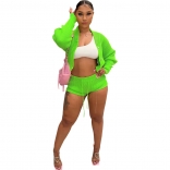 Green Fashion Knitted Hand Hook Polo Cardigan Shorts Long Sleeve Drawstring Casual Set for Women