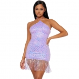 Purple Women's Halter Sequins Tassels Dancing Party Mini Dress