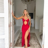 Red Straps Women's Hollow-out Sexy Split Dancing Long Dress