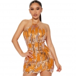 Orange Halter Neck Women's Sequins Bodycon Club Bodycon Mini Dress