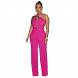 RoseRed Women's Fashion Buttons Sexy Jumpsuit Slim Fit One Shoulder Wide Leg Pants Dresses