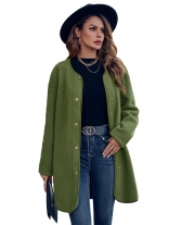 Green Women's Long Sleeve O-Neck Button Fashion Casual Coats