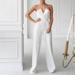 White Off-Shoulder V-Neck Fashion OL Prom Fashion Sexy Jumpsuit Dress