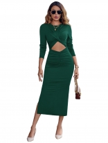 Green Women's Pleated Hollow Out Casual Prom Fashion Formal Long Dresses