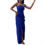 Blue Women's Off-Shoulder Pleated Sleeveless Split Sexy Long Dress