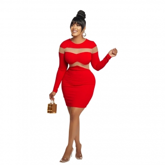Red Long Sleeve Mesh Hollow-out Bodycon Mini Dancing Dress