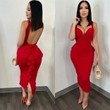 Red Women's Halter Low-Cut V-Neck Bodycons Sexy Prom Midi Dress