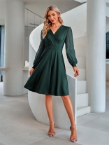 Green Women's Mesh Jacquard Long Sleeve Sexy Skirt Sexy Mini Dress