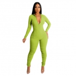 Green Women's Long Sleeve Zipper V-Neck Stripe Bodycon Sexy Jumpsuit