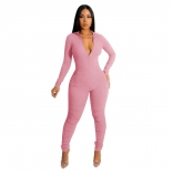 Pink Women's Long Sleeve Zipper V-Neck Stripe Bodycon Sexy Jumpsuit