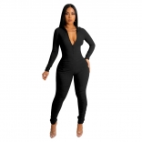 Black Women's Long Sleeve Zipper V-Neck Stripe Bodycon Sexy Jumpsuit