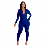 Blue Women's Long Sleeve Zipper V-Neck Stripe Bodycon Sexy Jumpsuit