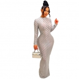 Silver Long Sleeve Mesh See-throught Bodycon Evening Dancing Long Dress