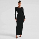 Black Women's Sexy Backless Lace Up Long Sleeve Temperament Bodycon Evening Prom Long Dress