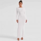 White Women's Sexy Backless Lace Up Long Sleeve Temperament Bodycon Evening Prom Long Dress