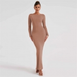 Khaki Women's Sexy Backless Lace Up Long Sleeve Temperament Bodycon Evening Prom Long Dress