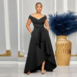 Black Women's Sexy Sleeveless Off Shoulder Large Hem Slim Fit Formal Prom Maxi Dress