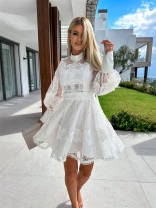White Women's Long Sleeve Lace Hollow-out Sexy Prom Fashion Skirt Dress