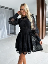 Black Women's Long Sleeve Lace Hollow-out Sexy Prom Fashion Skirt Dress