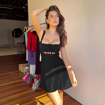 Black Sleeveless Halter Low-Cut Bandage Sexy Skirt Dress