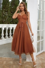 Coffee Halter Low-Cut Mesh Lace-up Sexy Bodycon Women Skirt Maxi Dress for Women