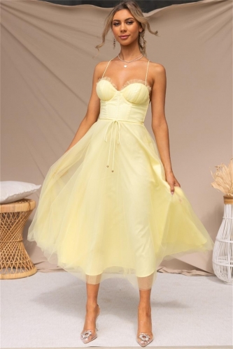 Yellow Halter Low-Cut Mesh Lace-up Sexy Bodycon Women Skirt Maxi Dress for Women