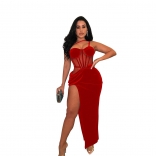 Red Women's Sleeveless Mesh Velvet Strap Split Bodycon Formal Long Dress