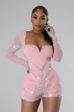 Pink Long Sleeve Low Cut Bodycon Mesh Rhinestone Sexy Rompers