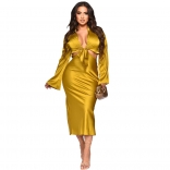 Gold Fashion Women's Long Sleeve Sexy V-Neck Lace Up Waist Dress Set
