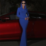 Blue Women's Fashion Temperament Solid Color Slim Fit Hooded Long Sleeve Evening Dress