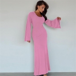 Pink Women's Fashion Loose Fitting U-neck Back Lace up Long Sleeve Midi Dress