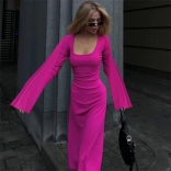 RoseRed Women's Fashion Loose Fitting U-neck Back Lace up Long Sleeve Midi Dress