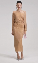 Beige Long Sleeve Women's Diamonds Mesh Bodycon Elegant Evening Midi Dress