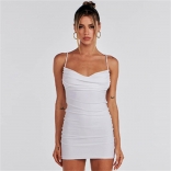 White Women's Fashion Sexy Backless Pleated Lace Up Hip Wrap Mini Dress