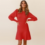 Red Women's Long Sleeve Fashion Slim Fit Sweaters Casual Mini Dress
