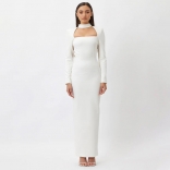 White Long Sleeve Boat-Neck Women's Bodycon Backless Rhinestones Straps Formal Prom Long Dress