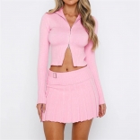 Pink Women's Long Sleeve Knitting Sweater Zipper Crop Tops Pleated Sexy Mini Dress