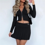 Black Women's Long Sleeve Knitting Sweater Zipper Crop Tops Pleated Sexy Mini Dress
