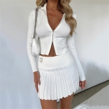 White Women's Long Sleeve Knitting Sweater Zipper Crop Tops Pleated Sexy Mini Dress
