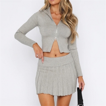 Grey Women's Long Sleeve Knitting Sweater Zipper Crop Tops Pleated Sexy Mini Dress