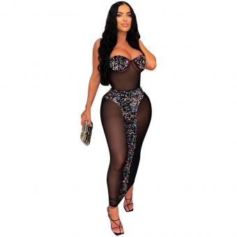 Black Off-Shoulder Mesh V-Neck Multi Sequins Sexy Party Dress