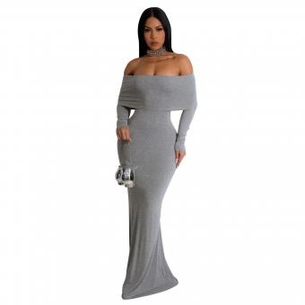 Grey Off-Shoulder Boat-Neck Long Sleeve Women's Formal Long Dress