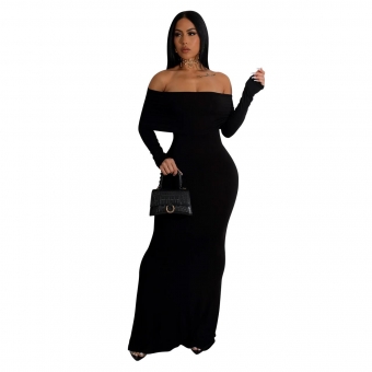 Black Off-Shoulder Boat-Neck Long Sleeve Women's Formal Long Dress
