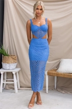 Blue Women Lace Straps Hollow-out Crop Tops Bodycon Sexy Formal Midi Dress