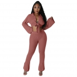 Red Women's V-Neck Long Sleeve Crop Tops Knitting Bodycon Sexy Jumpsuit
