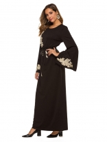 Black Long Sleeve Women's Embroid Lace Pearls Belt Fashion Evening Prom Midi Dress