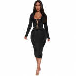 Black Long Sleeve Women Deep V-Neck Flounce Bandage Slit Fit Midi Dress