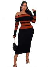 Red Off-Shoulder Knitting Long Sleeve Pleated Formal Bodycon Midi Dress